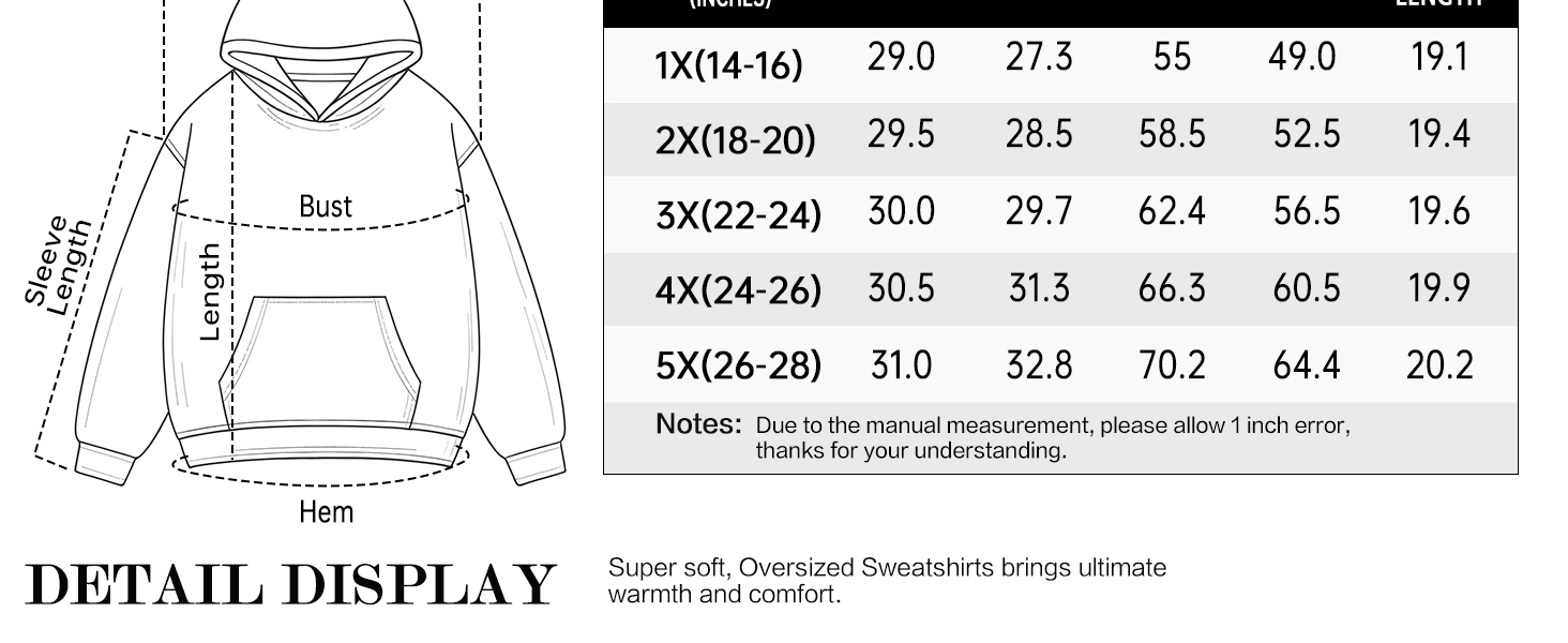 Size Chart of the Plus Size Hoodies