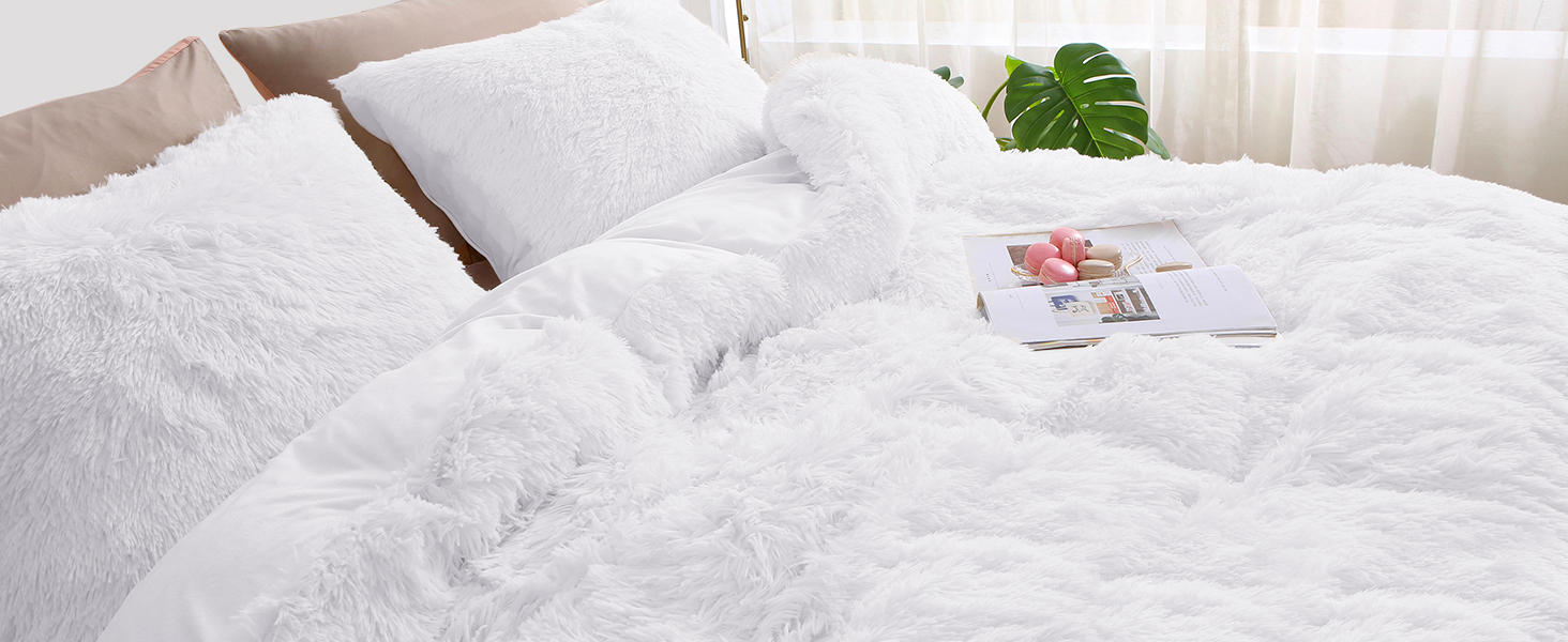 Fluffy Shaggy Duvet Cover Queen 3 Pieces, Plush Faux Fur and Velvet