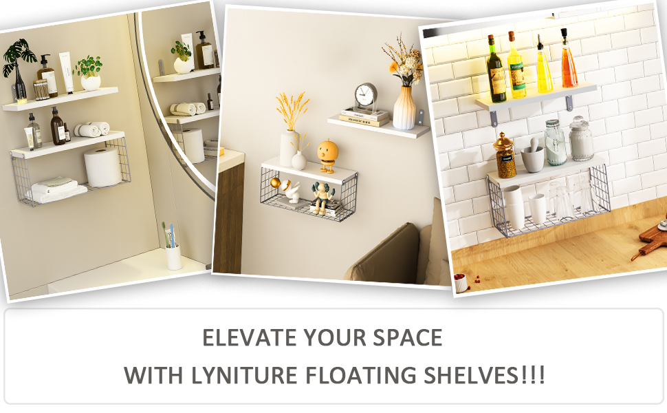 LYNITURE Wall Mounted Floating Shelves with Wire Storage