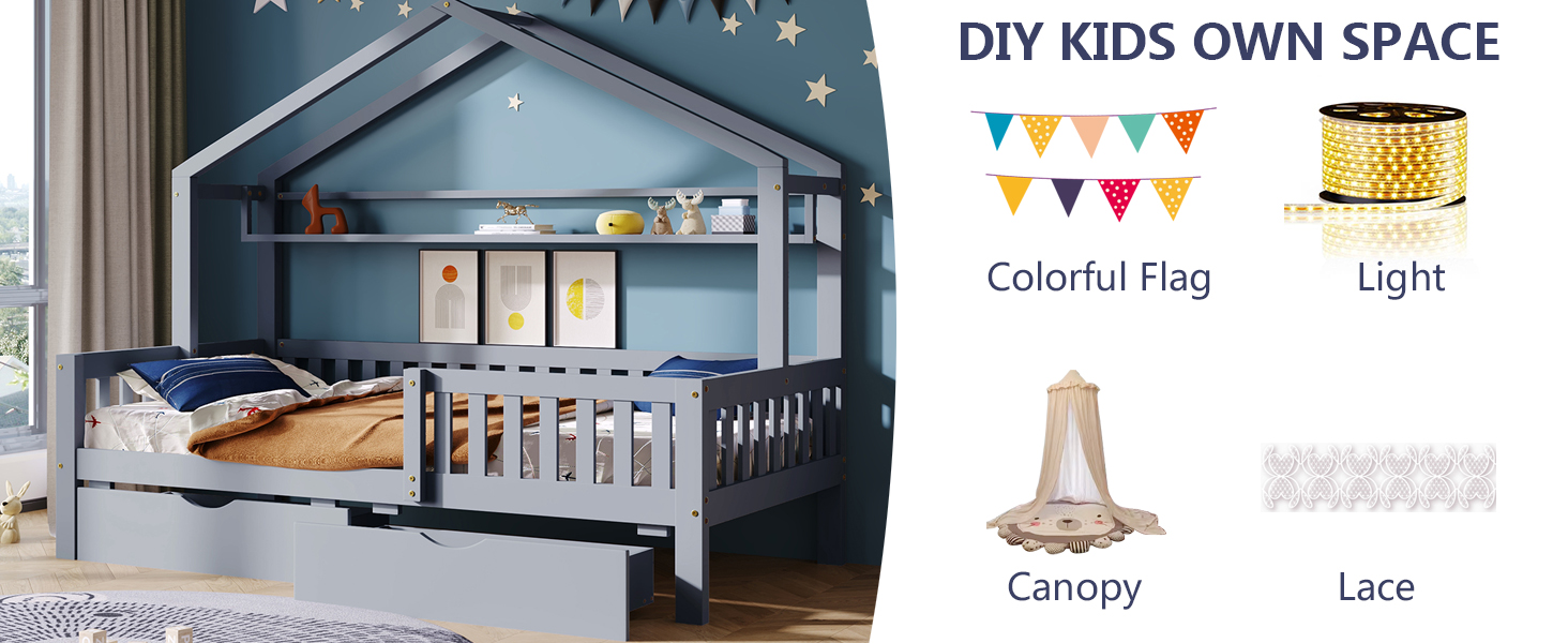 Aoowow Twin Size House Bed with Storage Drawers & Shelf