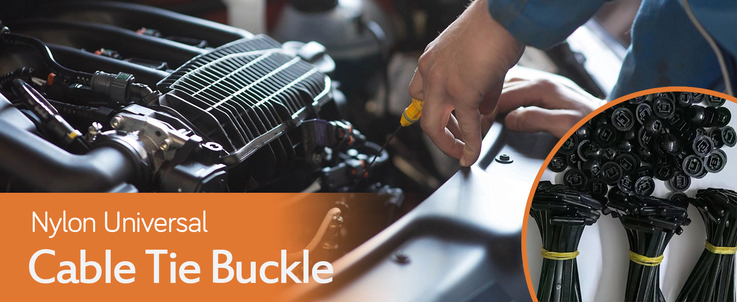Text reads 'Nylon Universal Cable Tie Buckle'. Split image showing car engine compartment with cable management and close-up of black cable ties bundled together.