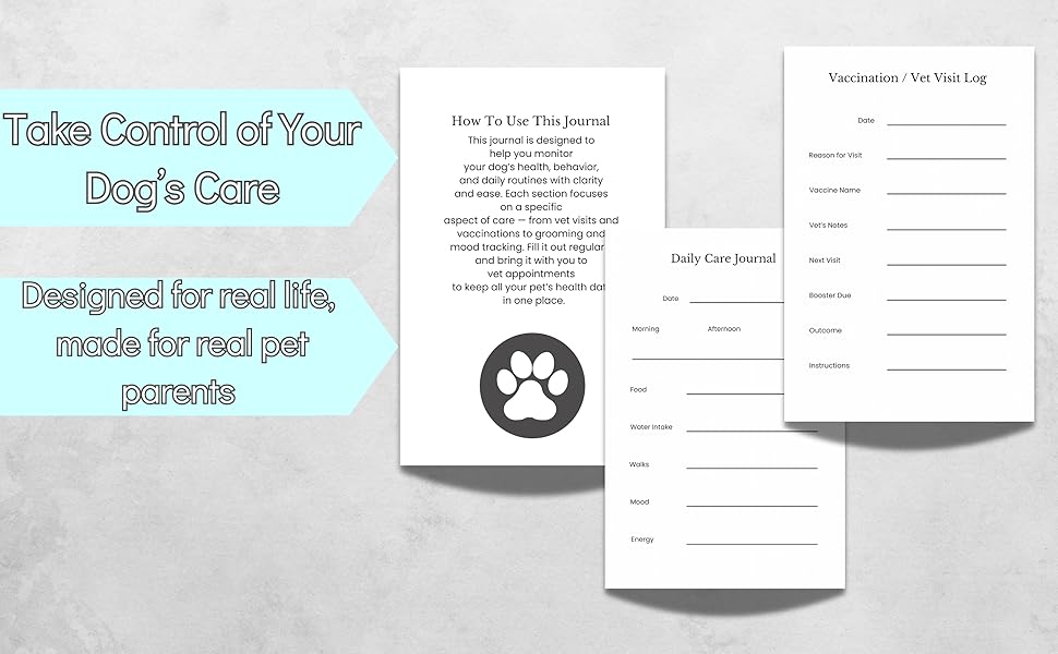 three interior pages from dog health tracker including treatment and behavior logs
