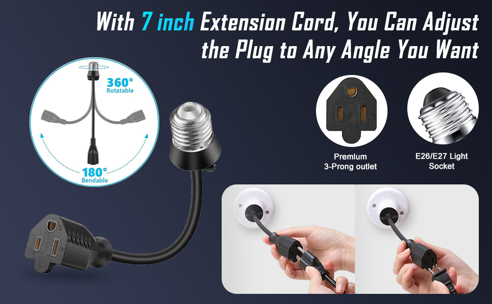 Ticoze E26/E27 Light Socket Adapter, 3 Prong Outlet Extender Adapter