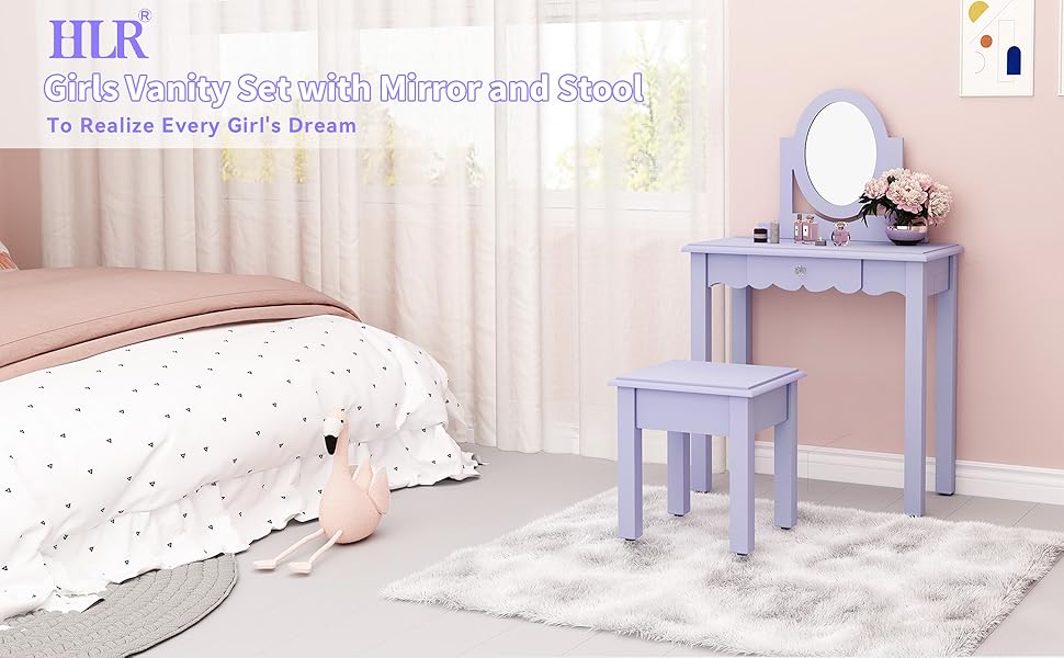 Kids Vanity Little Girls Vanity Set with Mirror and Stool
