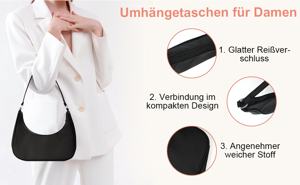 Black shoulder bag for women with smooth zipper closure, compact design, and soft material. Showcased with white outfit and close-up details of features.