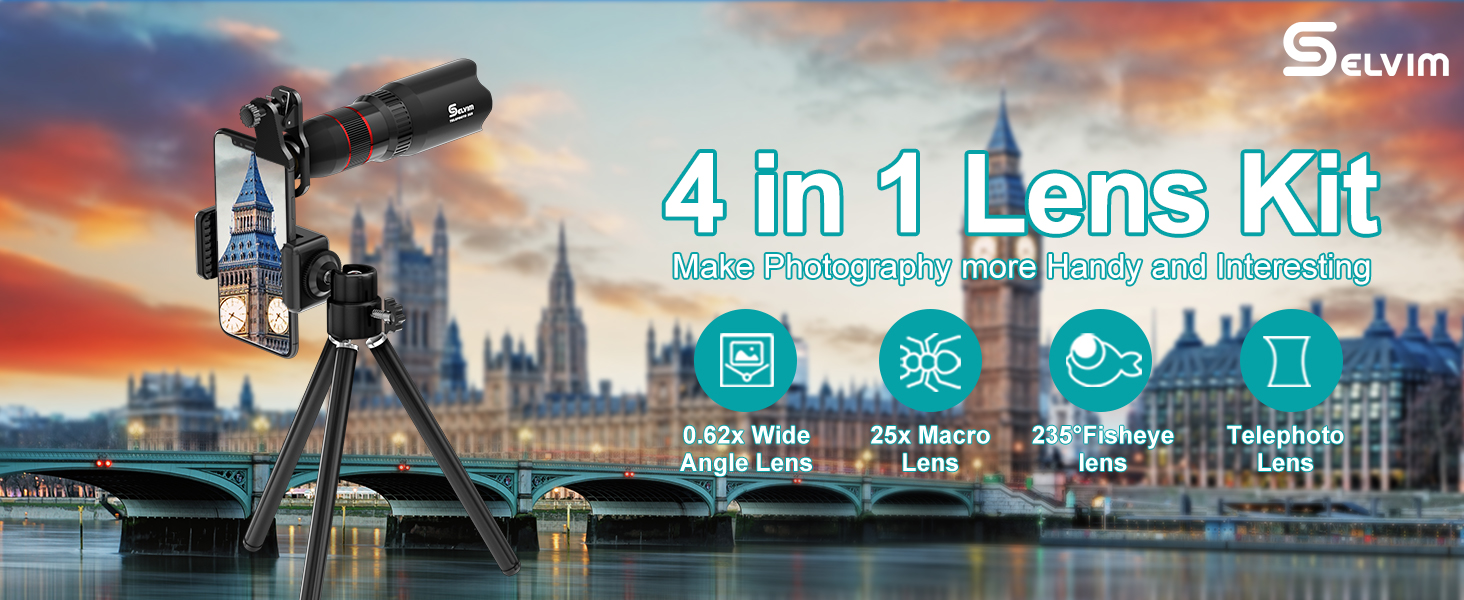 Selvim Phone Camera Lens Kit 4 in 1, Telephoto Lens, Lenses Compatible with iPhone 11 10 8 7 6