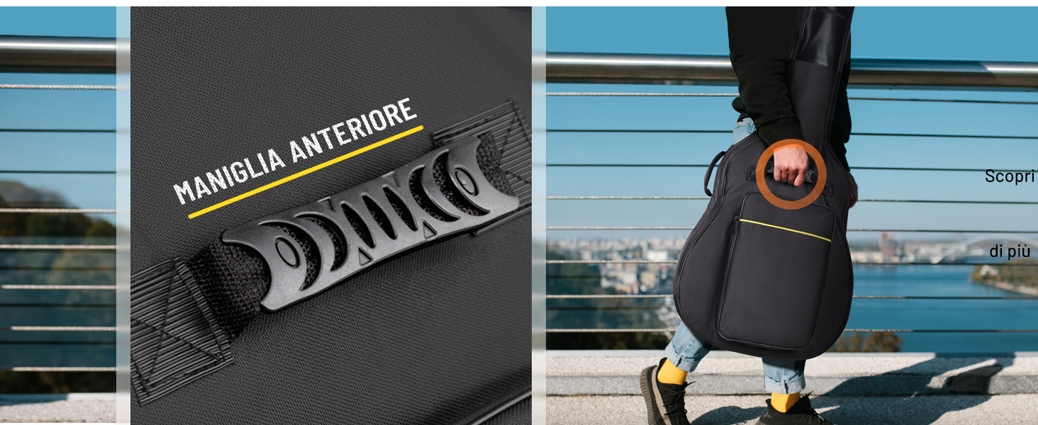 una persona che cammina con una custodia per chitarra sullo sfondo