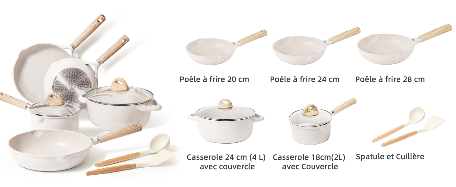 KASANOVA Lot de 7 Casseroles et Poele, Poêle Induction 20CM/24CM/28CM, Casseroles 24CM/18CM avec