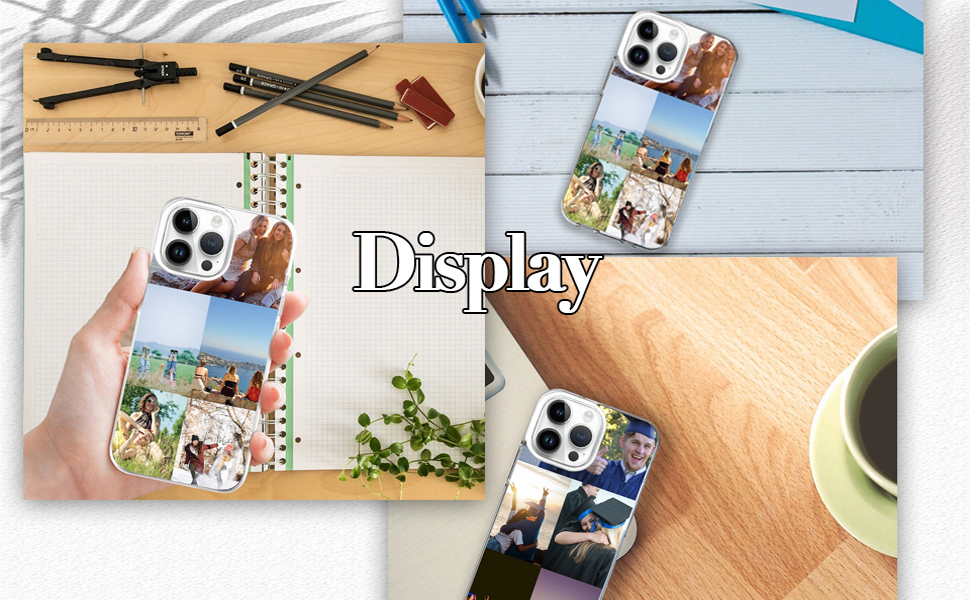 Multiple views of customizable phone cases displaying photo collage capabilities for smartphone protection.