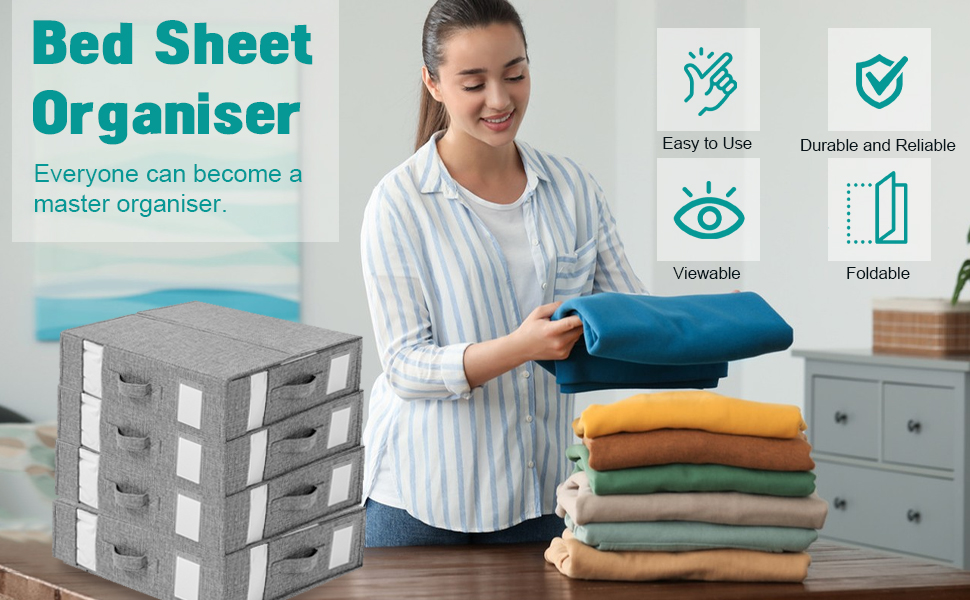 4 Pack Bed Sheet Organiser Box Foldable Linen Wardrobe Organizers and