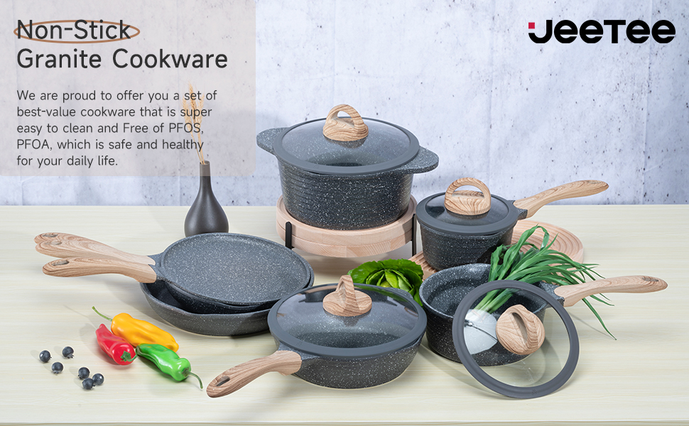 JEETEE Kitchen Pots and Pans Set Nonstick, Induction Granite Coating