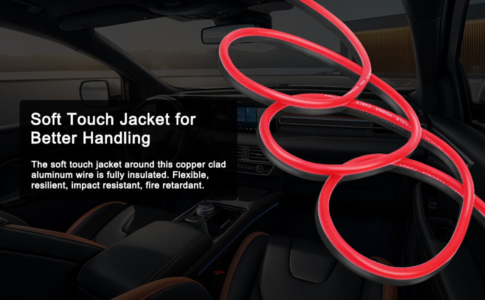 Red insulated copper wire coiled inside a vehicle. Text describes soft touch jacket for better handling, flexible and fire-resistant properties.