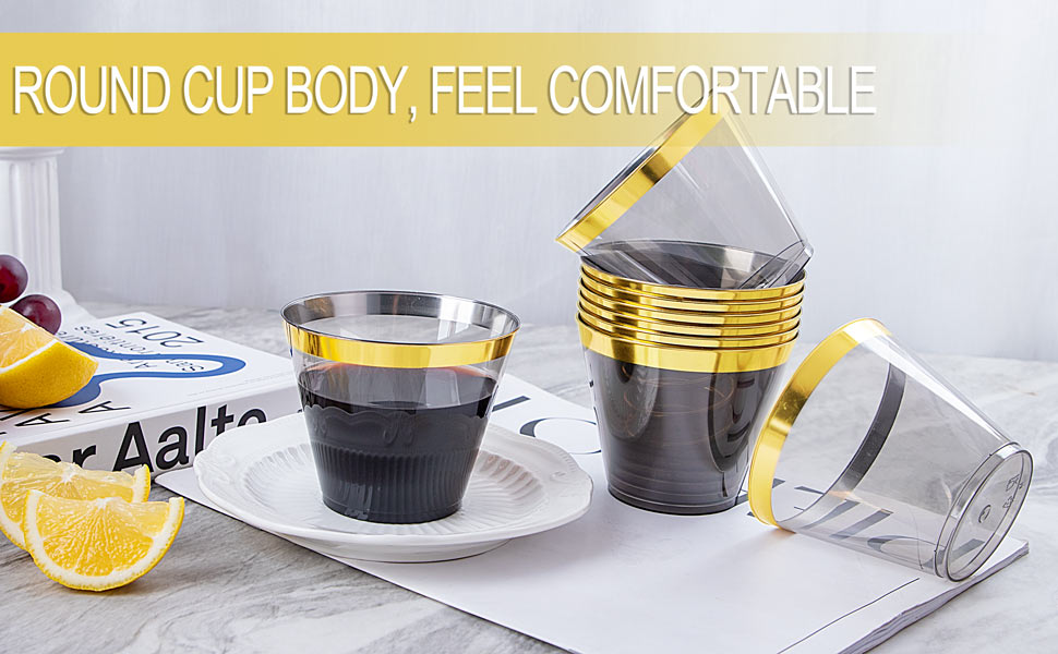 Superrnal 100pcs Gold and Black Plastic Cups 9OZ Elegant