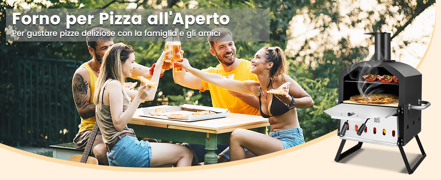 Forno per pizza da esterno con corpo e canna fumaria in acciaio inox. Design portatile con gambe pieghevoli. Persone che gustano pizza e bevande su un tavolo di legno sullo