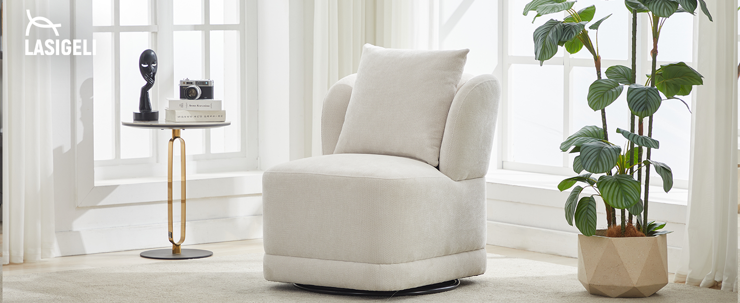 Swivel Accent Chair for Living Room,360° Rotating Barrel Chair with Square Back Pillow,Cream White