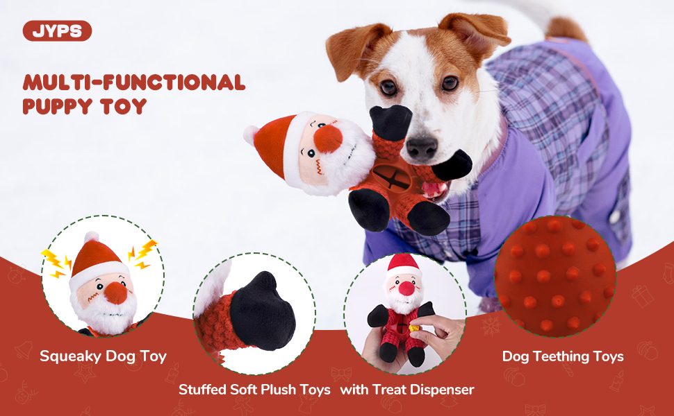 4 in 1 Christmas Dog Toys Presents, Puppy Chew Toy with Treat Dispenser