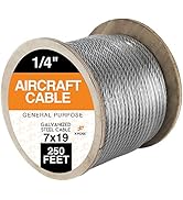 Xpose Safety 7 x 19 Galvanized Steel Aircraft Cable Wire - 1/4inches - 250' Reel - 7,000 lb Break...