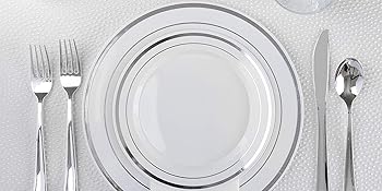 Fancy Disposable Plates with Cutlery - 125 Piece Silver Plastic Party Plates and Silverware