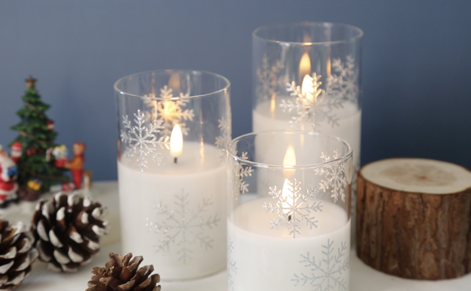 Girimax Clear Snowflakes Glass Flameless Pillar Candles with Remote, Real Wax