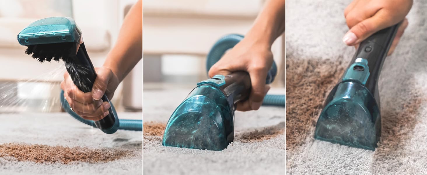 Cecotec Conga Carpet&Spot Clean Infinity Cordless Upholstery and Carpet Vacuum Cleaner. 150W, 2 Interchangeable Batteries, 60Mins Autonomy, Water Sprayer and Window Cleaner Accessory 13 en uso. Tres paneles muestran el dispositivo para rociar la solución, fregar y extraer la suciedad