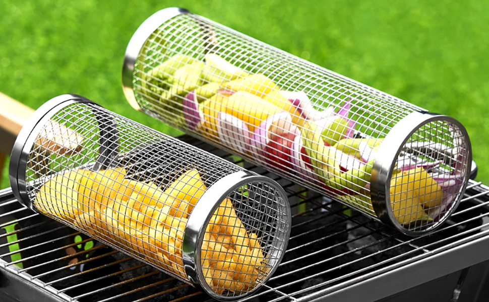 Grill Baskets 2 PCS Rolling Grilling Basket for Outdoor Grill Barbeque Stainless