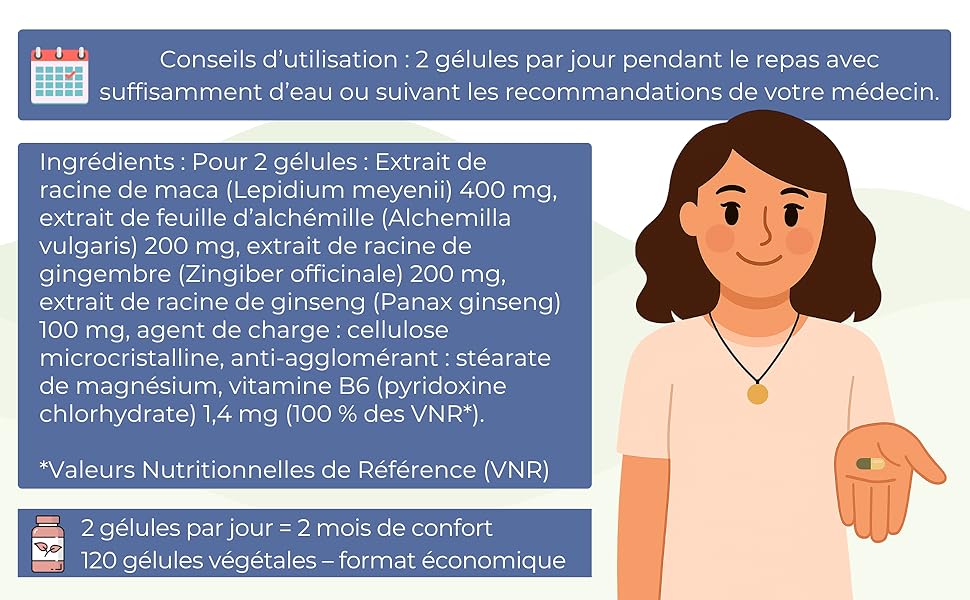 Texte en français discutant des instructions relatives aux médicaments, avec illustration d'une femme pointant sa paume.
