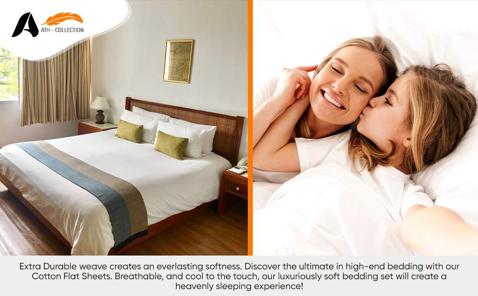 One Image show a bedroom shot with Flat Sheets and other image where mother & daugther are relaxing