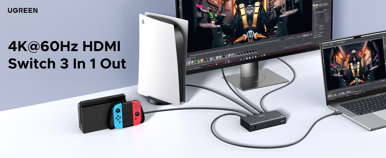 HDMI switch connected to gaming console, monitor, and other devices. Text indicates '4K@60Hz HDMI Switch 3 in 1 Out'.