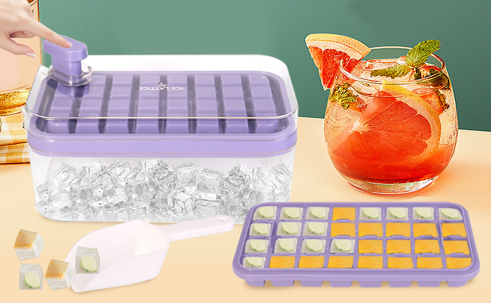 Ice Cube Tray with Lid Bin and Scoop Square Ice Cubes Molds