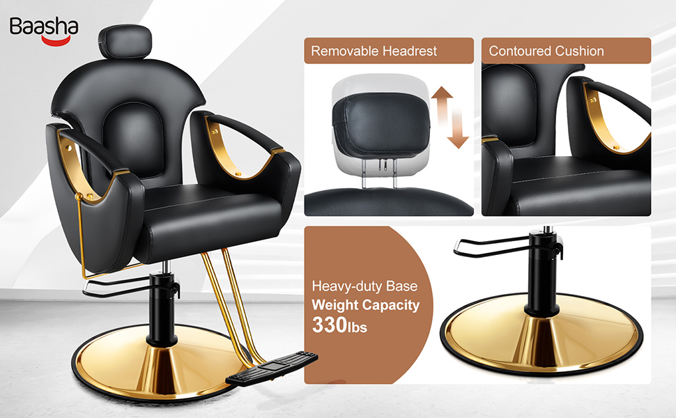 Baasha Ergonomic Reclining Hair Salon Chair, Gold Styling