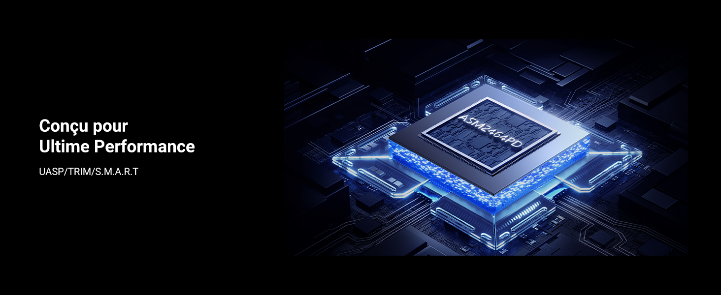 Illustration technique d'une puce de processeur informatique brillant en bleu sur fond sombre, montrant les détails des circuits et