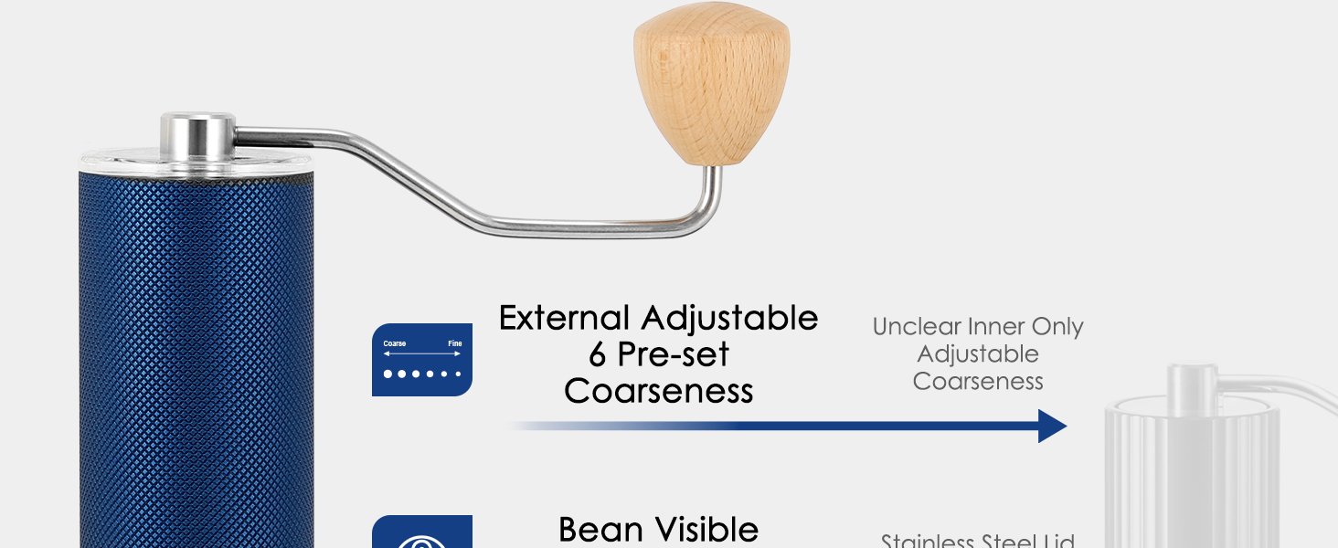 Vzaahu Manual Coffee Grinder,External Adjustable Coarseness 6 Level,CNC Stainless Steel Conical Burr Core,Color Blue,Diamonds Aluminum Alloy Body,Beech Bandle 21 al