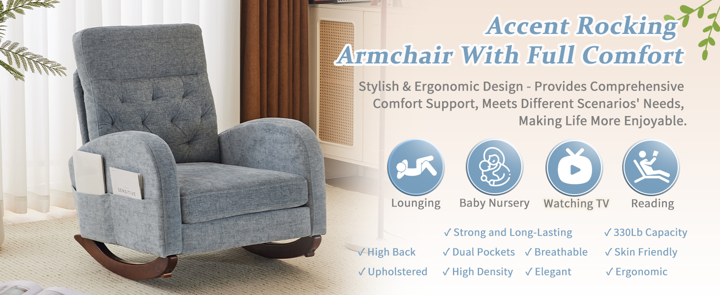 VINGLI Chenille Low Seat Rocking Chair,Upholstered Nursery