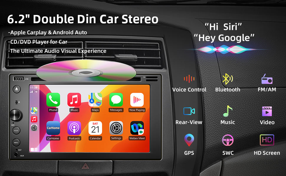 Double Din Car Stereo with Bluetooth and CD/DVD Player, 7