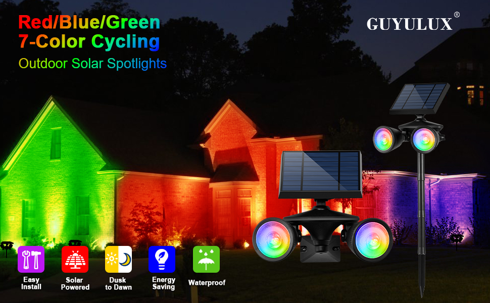GUYULUX Solar Spotlights Outdoor Waterproof, 7Color Cycling Landscape