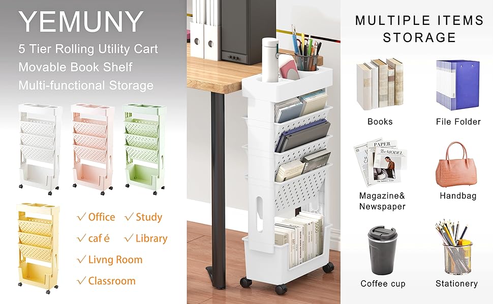 YEMUNY 5 Tier Rolling Book Cart, Movable Storage Bookshelf