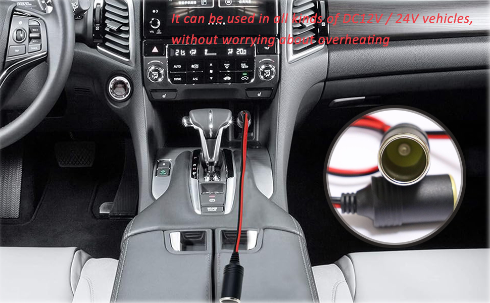 Car interior featuring center console with gear shift. Inset image shows a cup holder adapter, compatible with 12/24V vehicles.