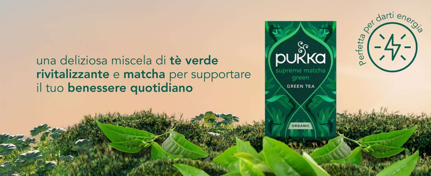 Il testo recita: «Pukka» sulla confezione di tè con campi di tè verde sullo sfondo, che mostrano i simboli della certificazione biologica.