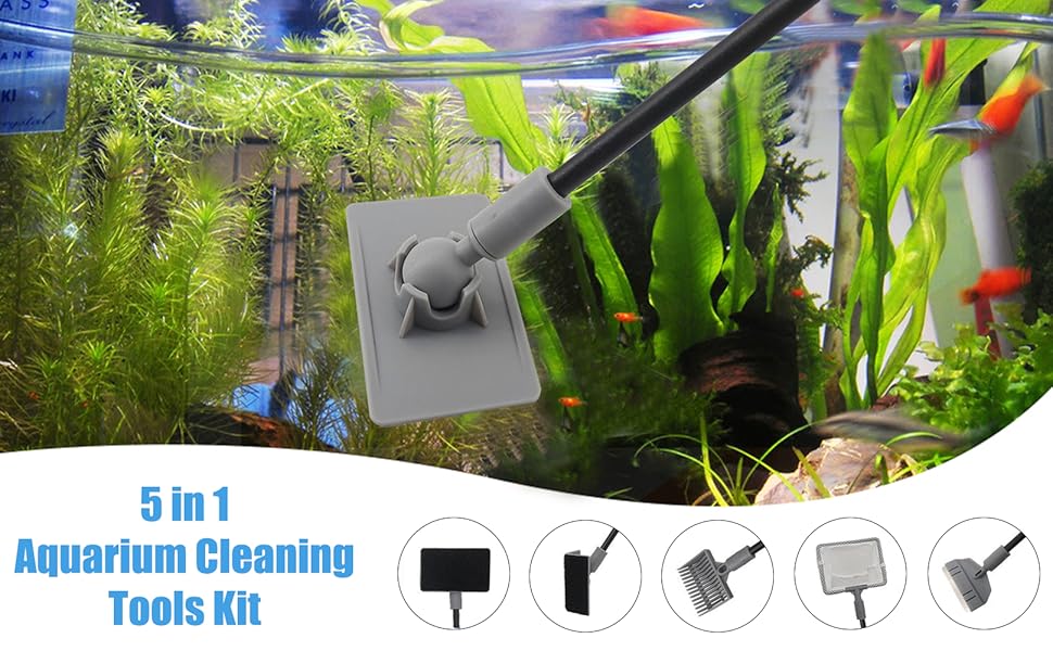 DLHONORV Aquarium Cleaning Tool Kit, 5 in 1 Fish Tank Clean Tools with Long