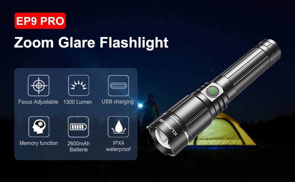 Klarus EP9 PRO Torch Rechargeable,Zoomable Torch 1300 Lumens,USB C Rechargeable Torches Led