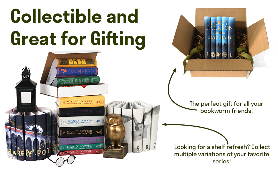 Stack of Harry Potter Books surrounded by Juniper Books Jackets a Percy Jackson Set in a box