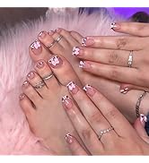 IMRAIN 48Pcs Pink Leopard Print French Tips Press on Toenails Short Square Fake Nails with Bow De...