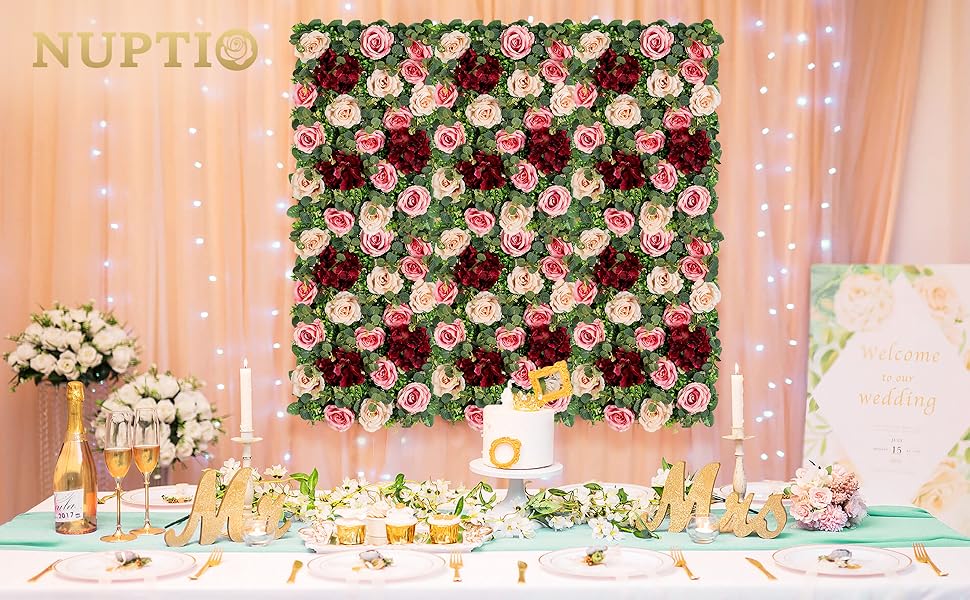 NUPTIO Flower Wall Panel Backdrop 2 Pcs Silk Rose Wall Decor 60cm x