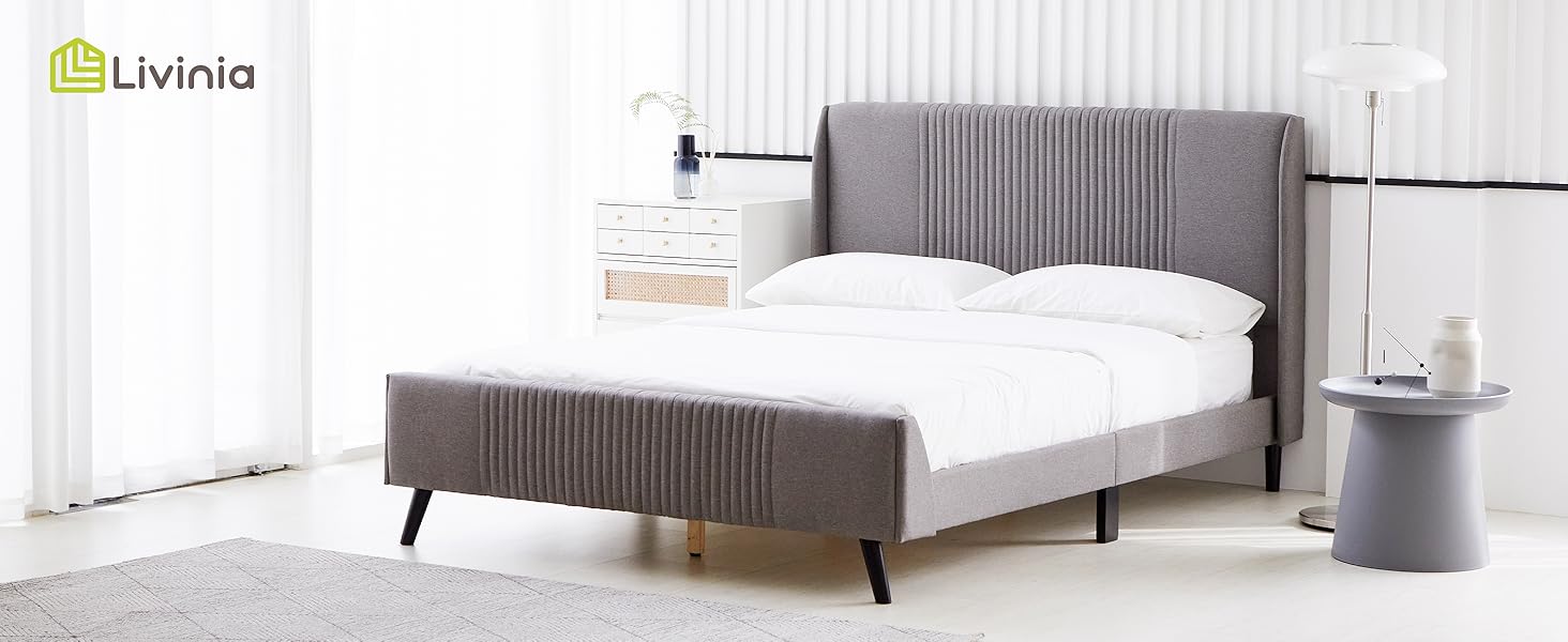 Bed Frame Fabric Upholstered Vertical Channel Tufted Wingback Headboard Footboard Strong Wood Slats