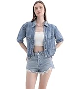 ZMTUO Women's Cropped Short Sleeve Denim Jacket with Classic Lapel and Chest Pocket Lightweight J...