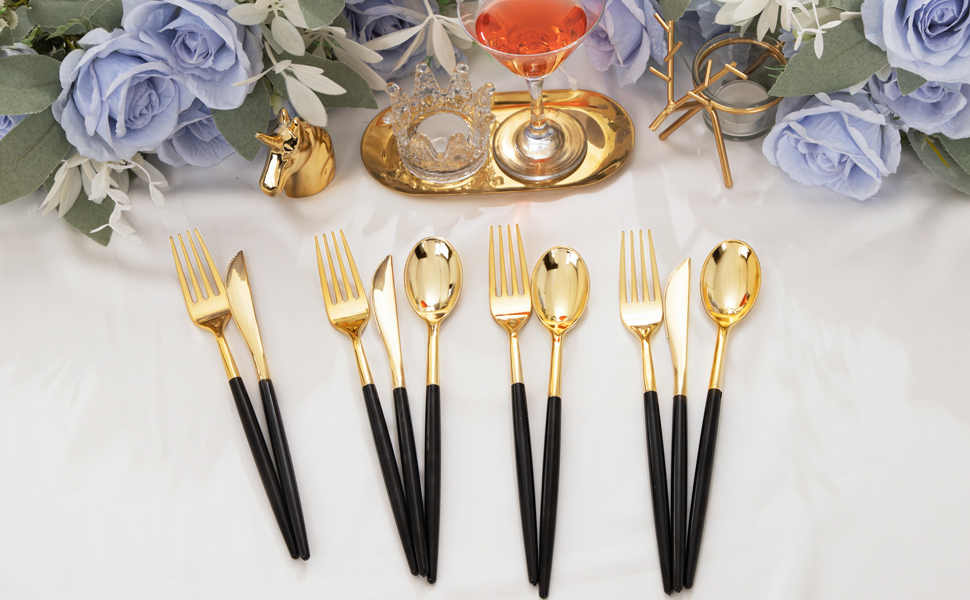 black and gold plastic silverware set