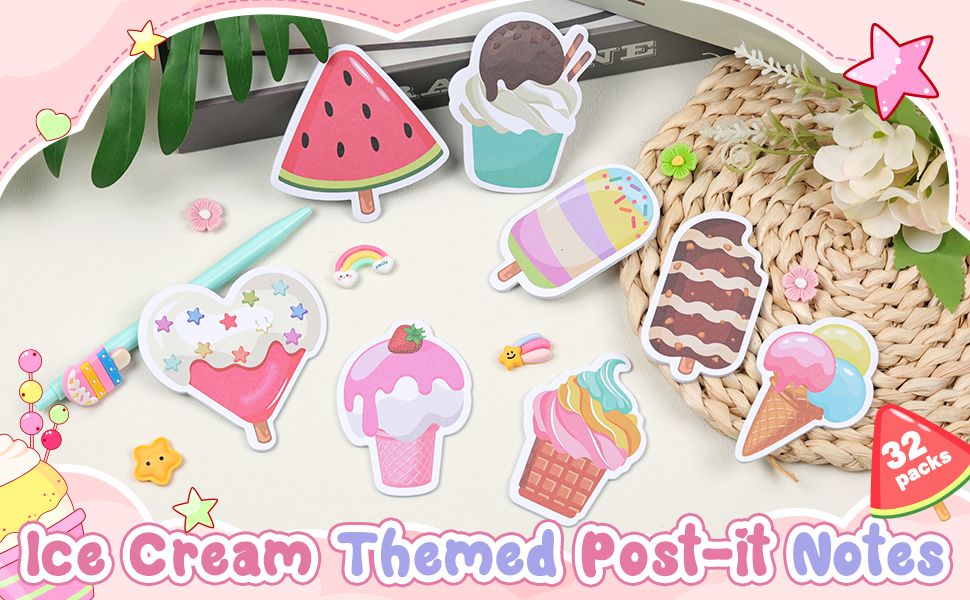 32 Pack Ice Cream Sticky Notes Summer Fruit Sticky Notepad