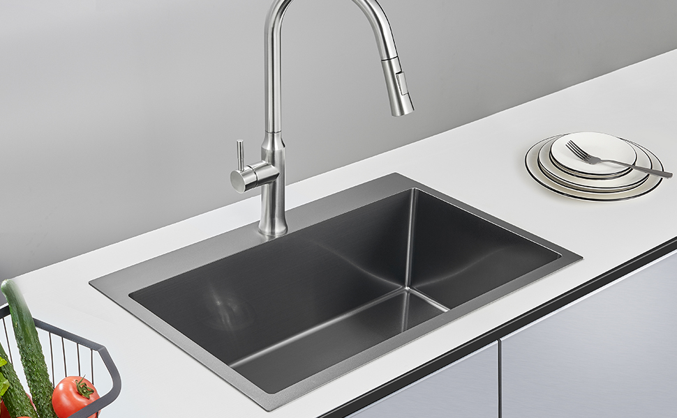 KINKIB 28 inch Drop in Black Kitchen Sink Single Bowl, Topmount