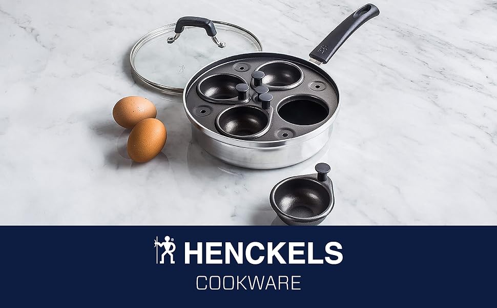 HENCKELS Non-Stick Cup 4 Eggs Poacher with Glass Lid, Silver, Black