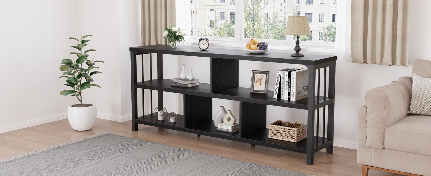 IBF 63” Black Bookshelf, Industrial Long Open Horizontal